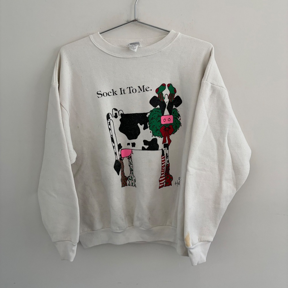 Vintage Hamwear Christmas Cow Sock It To Me Graphic Sweatshirt White Mens OS
